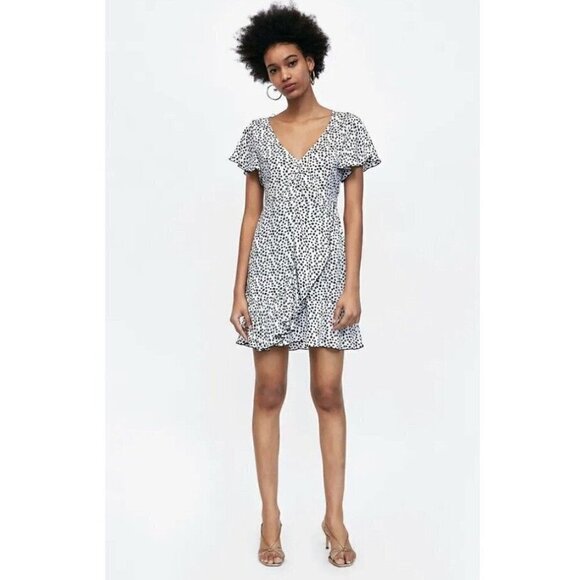 ZARA BASIC POLKA DOT PRINT DRESS MINI RUFFLE FRILL BLACK WHITE S SHORT SLEEVE - Picture 1 of 8